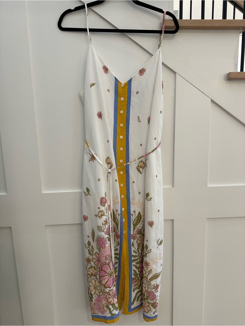 White Floral Midi Slip Dress with Yellow & Blue Trim